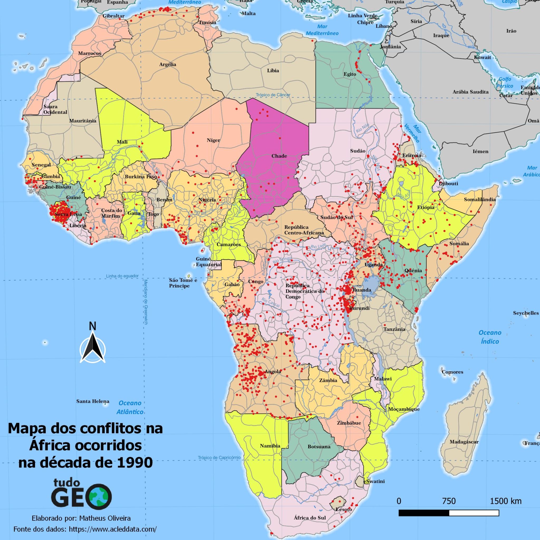 Mapa dos conflitos na África ocorridos na década de 1990