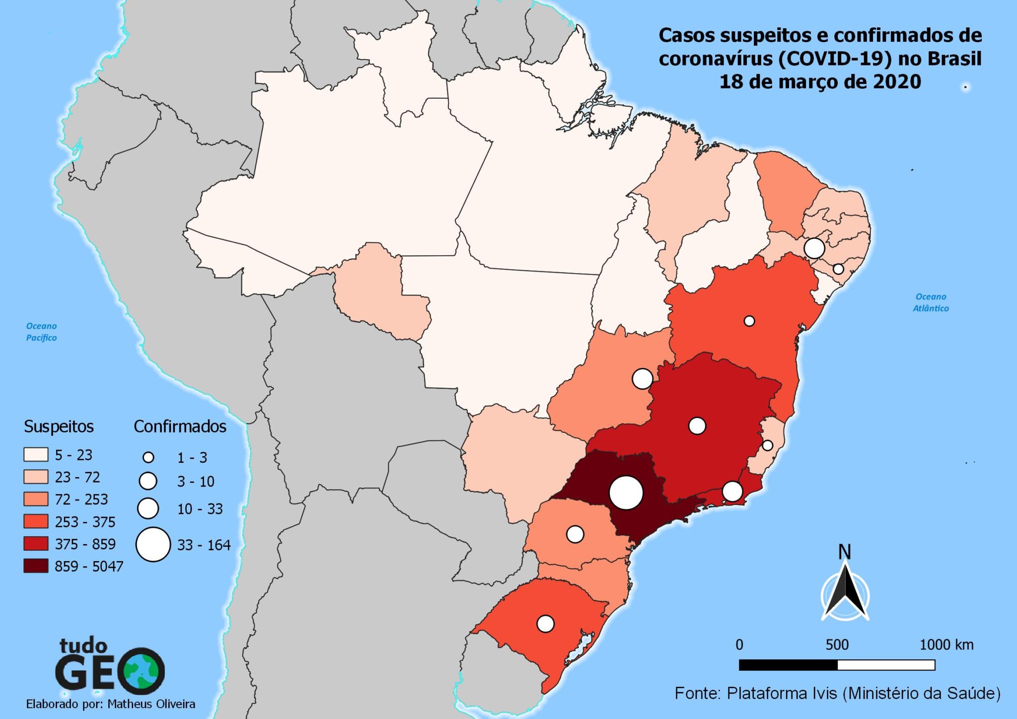 Mapa dos casos suspeitos e confirmados de coronavírus (COVID-19) no Brasil