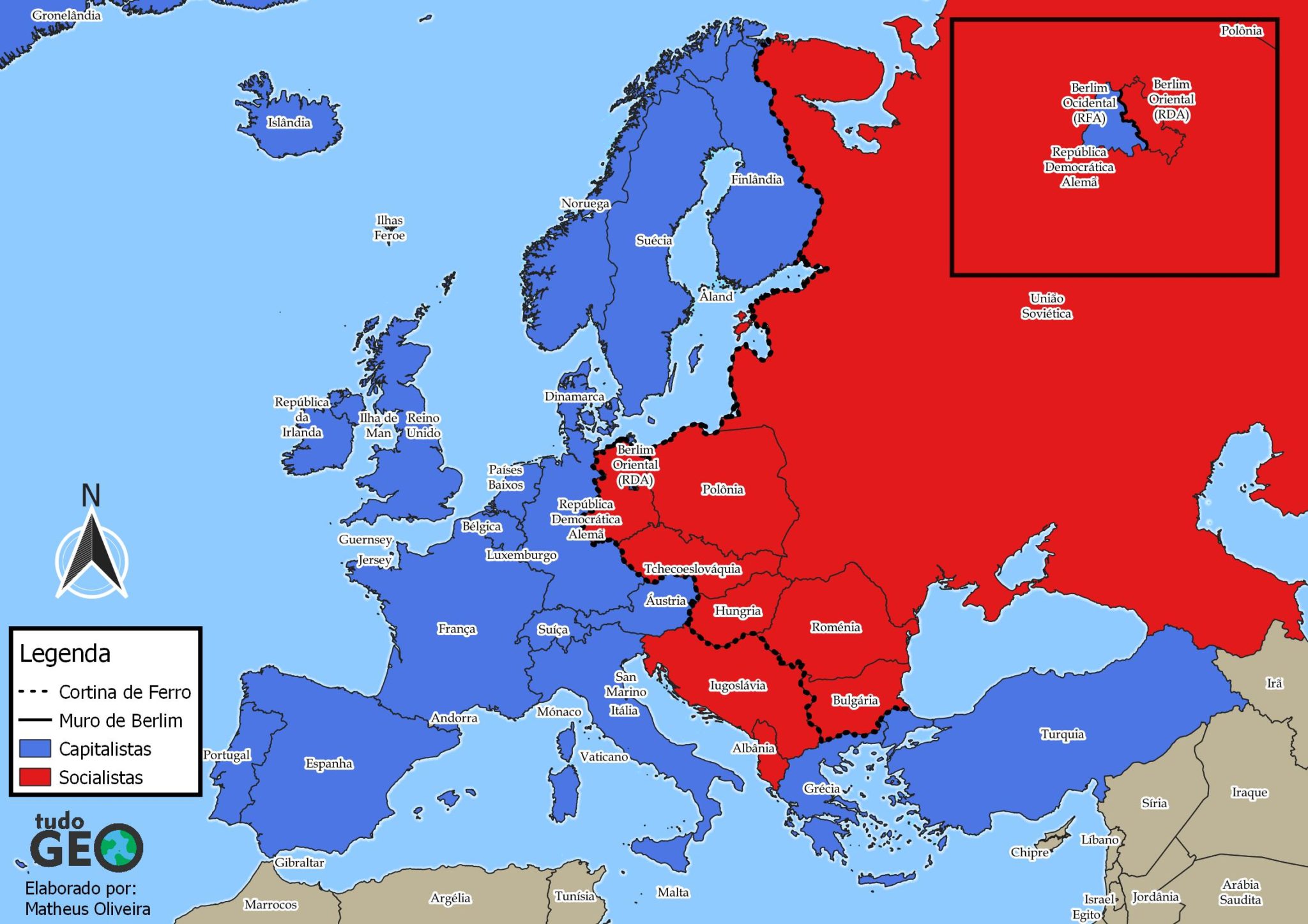 Mapa da cortina de ferro na Europa durante a Guerra Fria