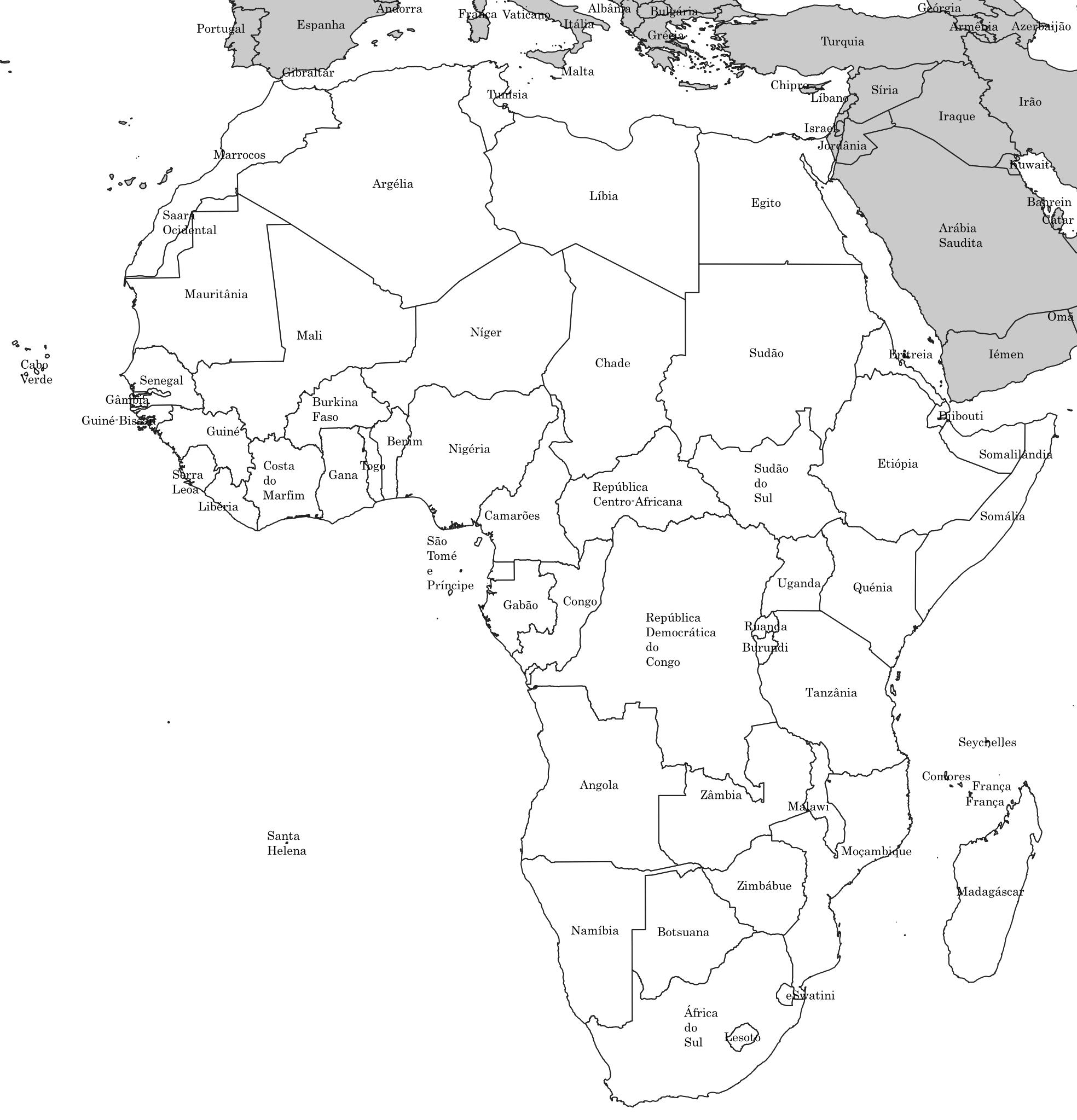 Mapa do continente africano em preto e branco