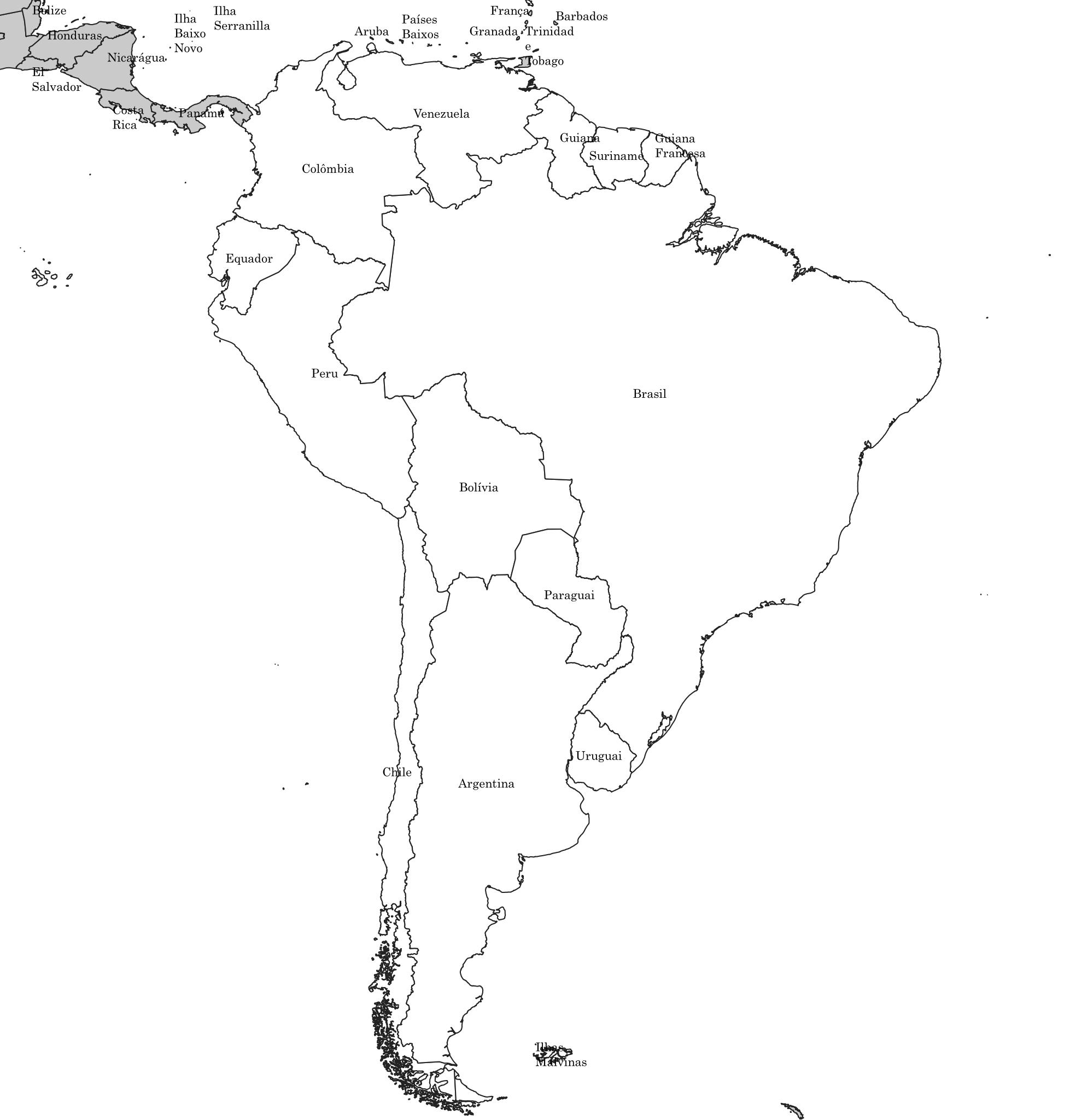 Mapa da América do Sul em preto e branco