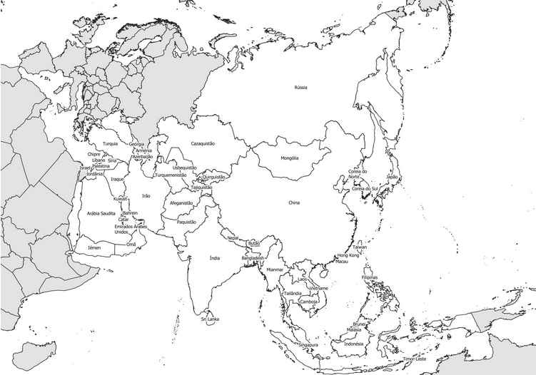 mapa da asia preto e branco