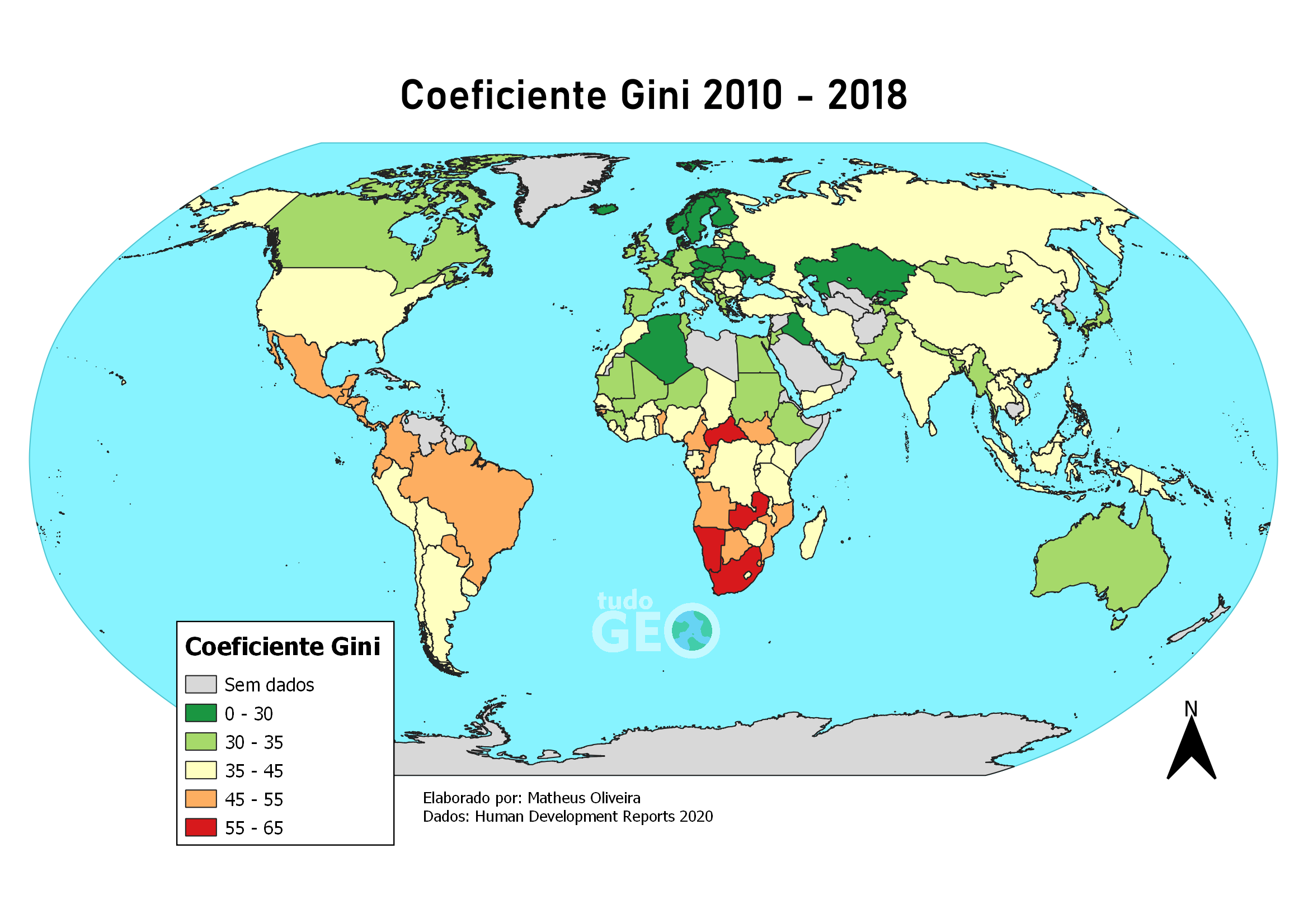 Mapa do Coeficiente Gini de 2010 a 2018