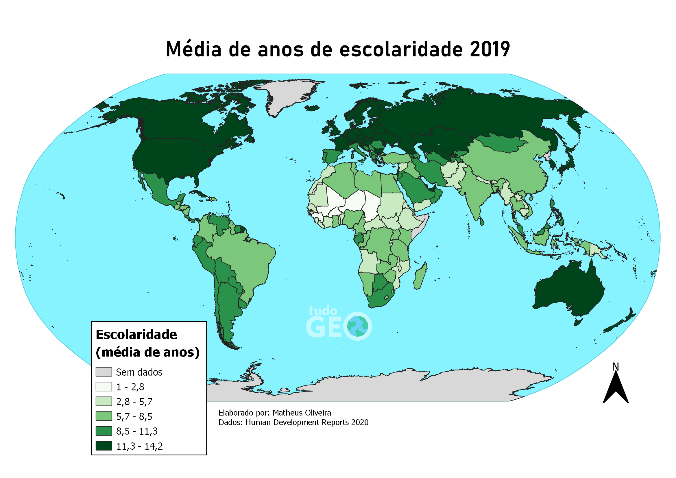 Mapa da média de anos de escolaridade 2019