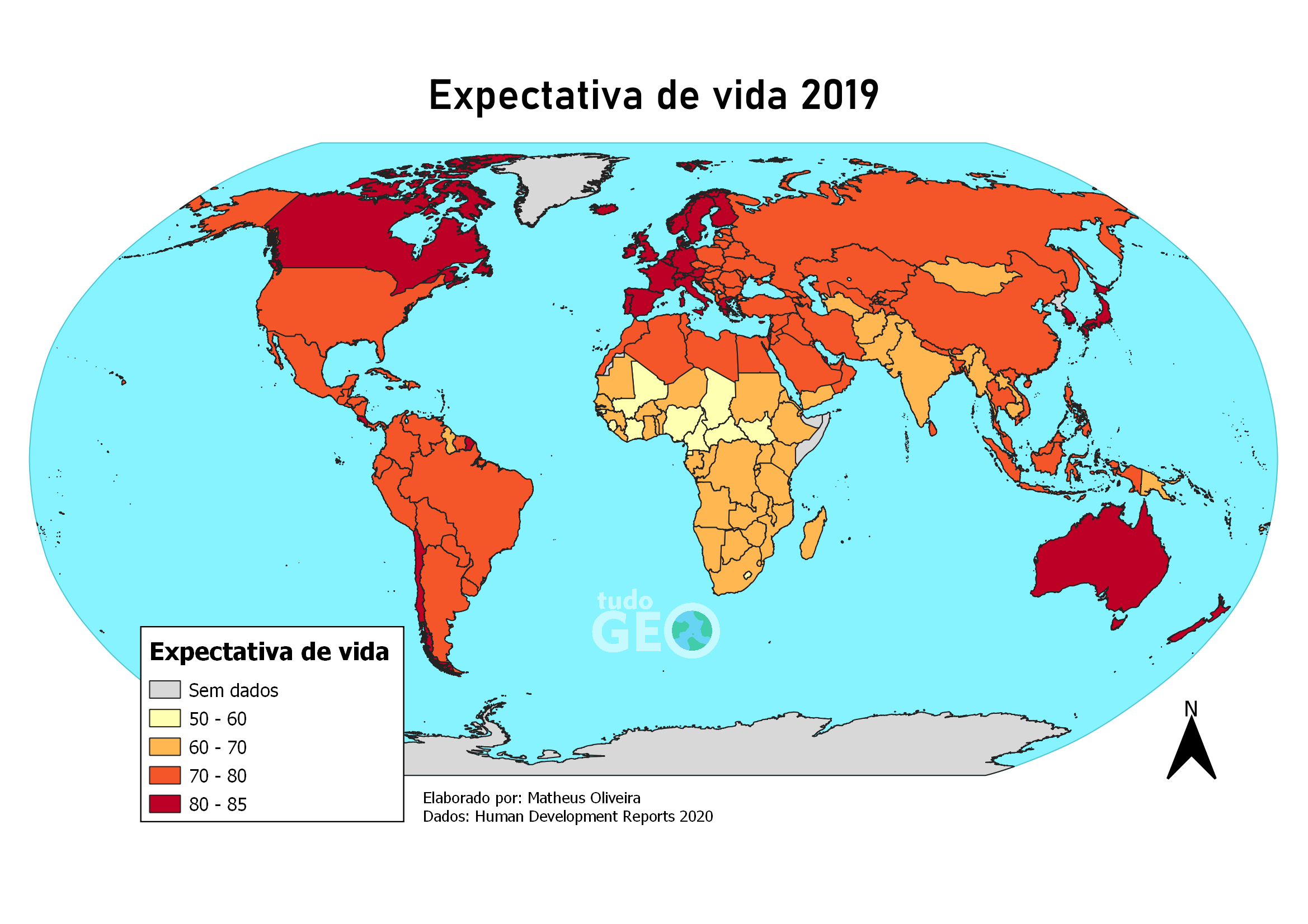Mapa da expectativa de vida no mundo 2019